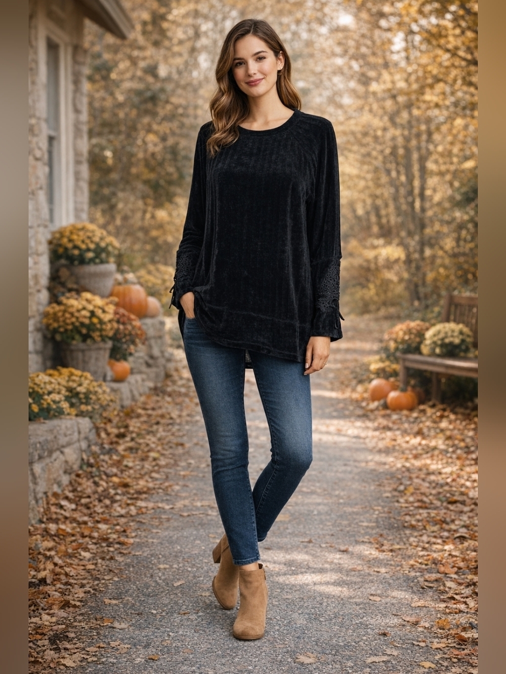 Knox Rose Black Velvet Crewneck Crochet Cut Out Long Sleeved Sweatshirt